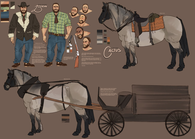 Design of a roleplay character, with exploration of expressions and different outfits as well as the design of his weapons and horse