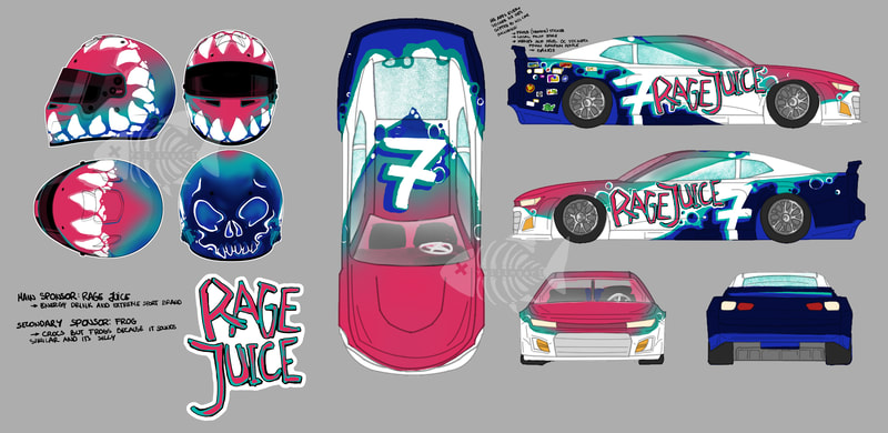 Design of the car and helmet, as well as a sponsor brand, for a nascar race car