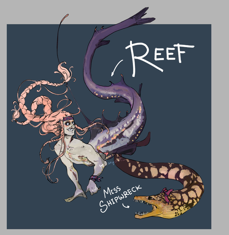 Design of a mermaid based off a viperfish and their pet, a moray. For the Mermay challenge